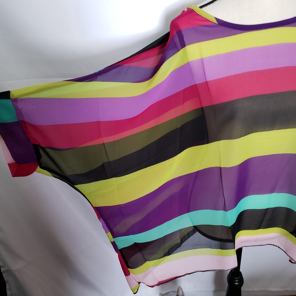 Striped sheer chiffon high low blouse top pink - Picture 4 of 6